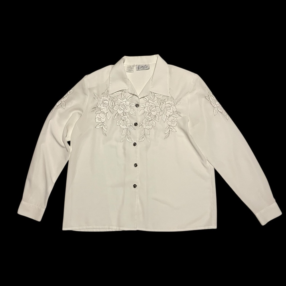 Vintage Kathy Che Ivory Long SleeveButton Up Blouse FloralEmbroidered‎ Size 14